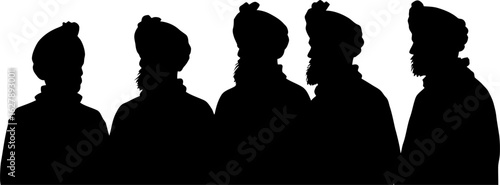 Five men in profile wearing turbans and traditional clothing, isolated on white background