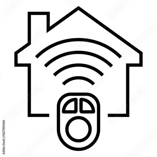 Sistemas inteligentes para el hogar. Icono de casa con control remoto y ondas inalámbricas con líneas 