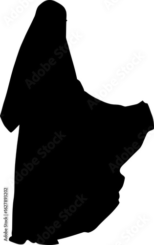 Silhouette of a muslim woman wearing a burqa, isolated on white background
