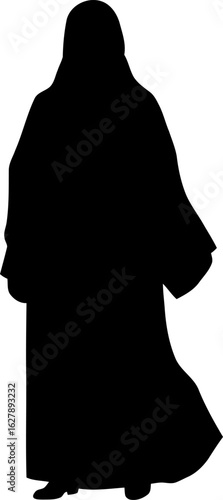 Silhouette of a muslim woman in traditional attire, isolated on white background