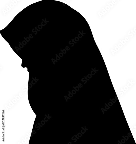 Closeup silhouette of a muslim womans head and shoulders, isolated on white background