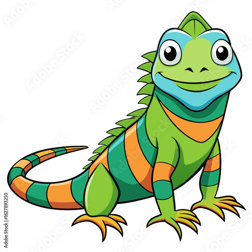 Cute green iguana lizard cartoon character isolated on white background