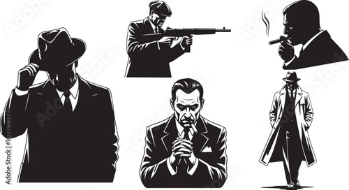 Vector set of mafia silhouettes including classic mobster poses, gangsters with suits, hats, guns, and cigars. Ideal for crime themes, noir-style artwork, retro posters, and character designs.