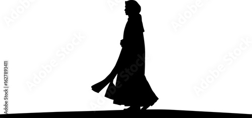 A woman in a traditional robe walks gracefully, silhouetted against a white background