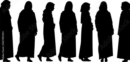 A line of women in traditional robes stand and walk, silhouetted against a white background