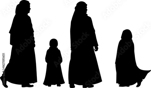 A family of four, including two adults and two children, walk together in traditional clothing, isolated on white background