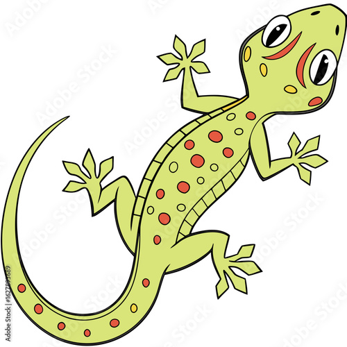 Cute green gecko lizard with red spots isolated on white background
