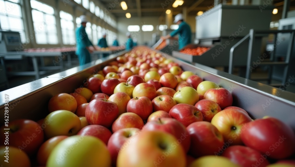 Manzanas frescas en la línea de clasificación de una moderna planta procesadora de frutas Manzanas frescas en la línea de clasificación de una moderna planta procesadora de frutas
