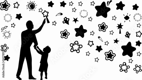 Silhouette of father and child reaching for stars among celestial bodies and geometric shapes design