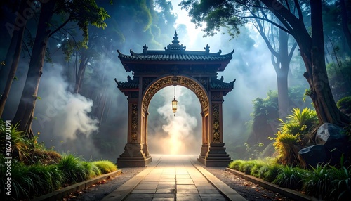 Stone Archway Entrance to a Foggy Forest Path with Hanging Lantern