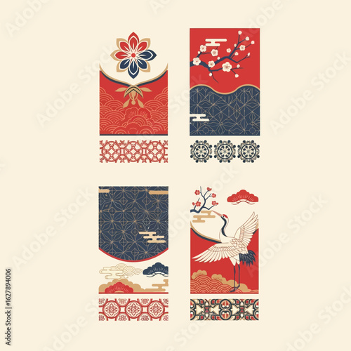Four decorative panels showcasing traditional Japanese design elements, including cherry blossoms, cranes, and intricate patterns, likely for packaging or textile design.