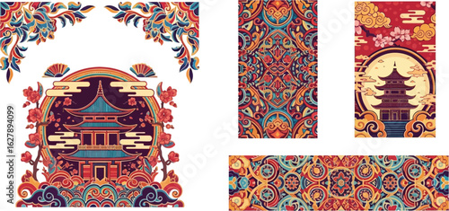 Intricate Asian-inspired patterns featuring pagodas, floral designs, and decorative motifs.