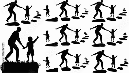 Silhouette illustration of adults helping children across stepping stones in a repeating pattern design