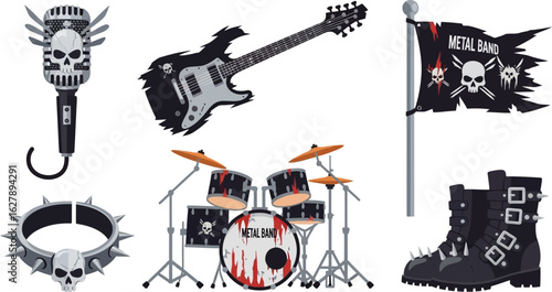 Metal music instruments and accessories, including a microphone, guitar, drum set, flag, and studded boots.