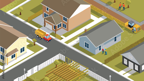Isometric view of a suburban neighborhood with houses roads vehicles and people in a community scene