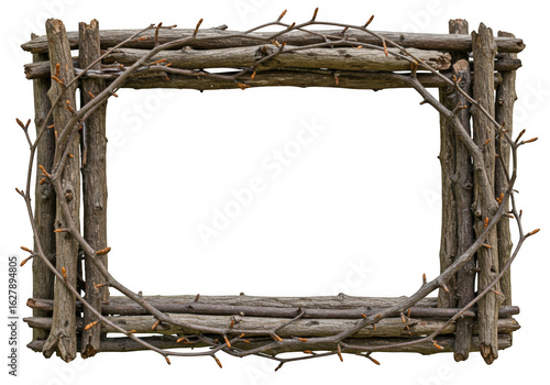 Rustic wooden frame made of natural branches and twigs, isolated on transparent background