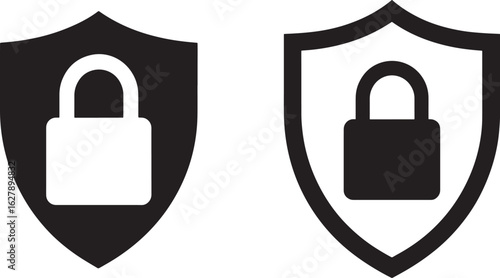 Two contrasting shield and padlock icons symbolizing security and protection against threats in a clear silhouette style