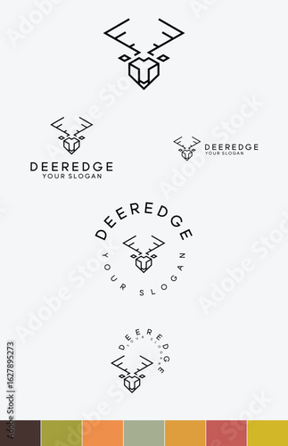 creative logo featuring a stylized Deer head in a modern minimalistic style, perfect for versatile branding applications. Includes variations with clean lines and harmonious color schemes 