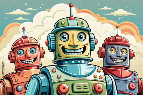 Funny and cute tin toy robots standing against a bright sky background. Vintage mechanical toys retro collections, playful designs, or nostalgic decor themes