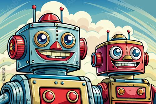 Funny and cute tin toy robots standing against a bright sky background. Vintage mechanical toys retro collections, playful designs, or nostalgic decor themes