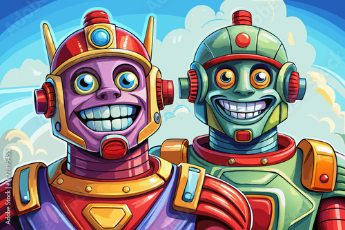 Funny and cute tin toy robots standing against a bright sky background. Vintage mechanical toys retro collections, playful designs, or nostalgic decor themes