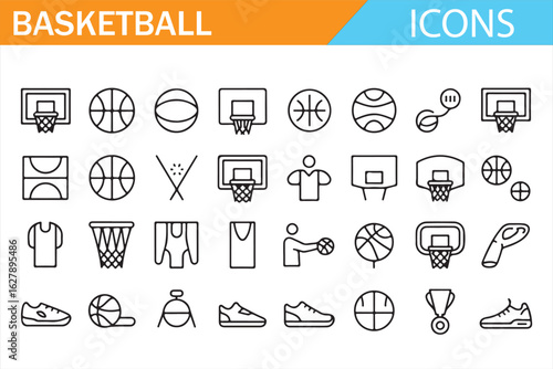 Illustrative icon set for basketball events, including hoops, balls, and medals.