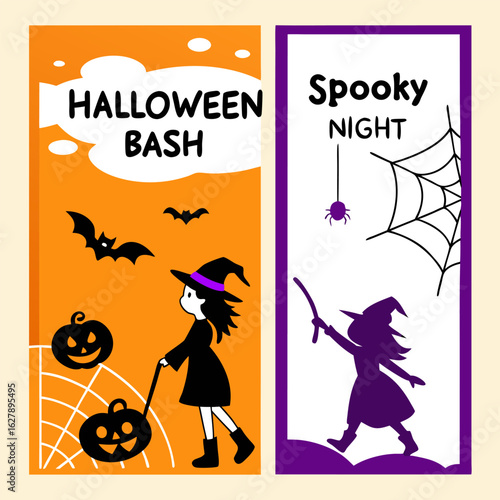 Two halloween themed banners featuring witches bats pumpkins and spiderwebs for spooky season decoration