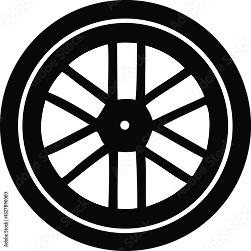 A stark black and white graphic illustration of a stylized ancient chariot wheel with six spokes and a central hub evoking historical transport