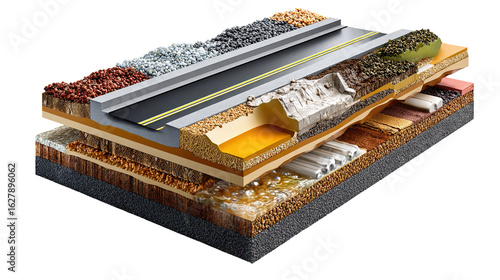 Layered road construction illustration: A detailed cross-section unveils the intricate layers of road construction. This graphic illustrates the foundational components of a road.