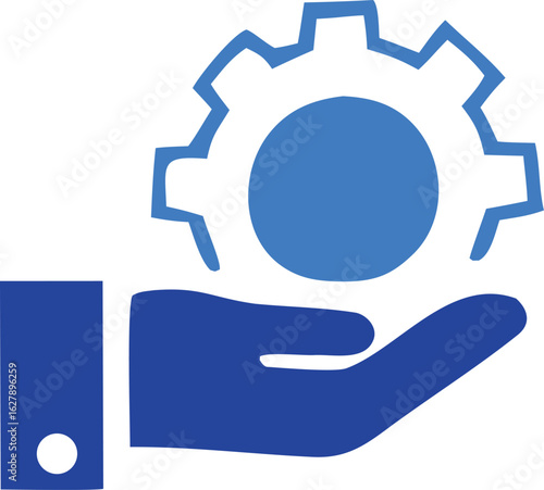 Blue hand gently cradles a large cogwheel symbolizing support engineering solutions and the careful management of mechanical processes