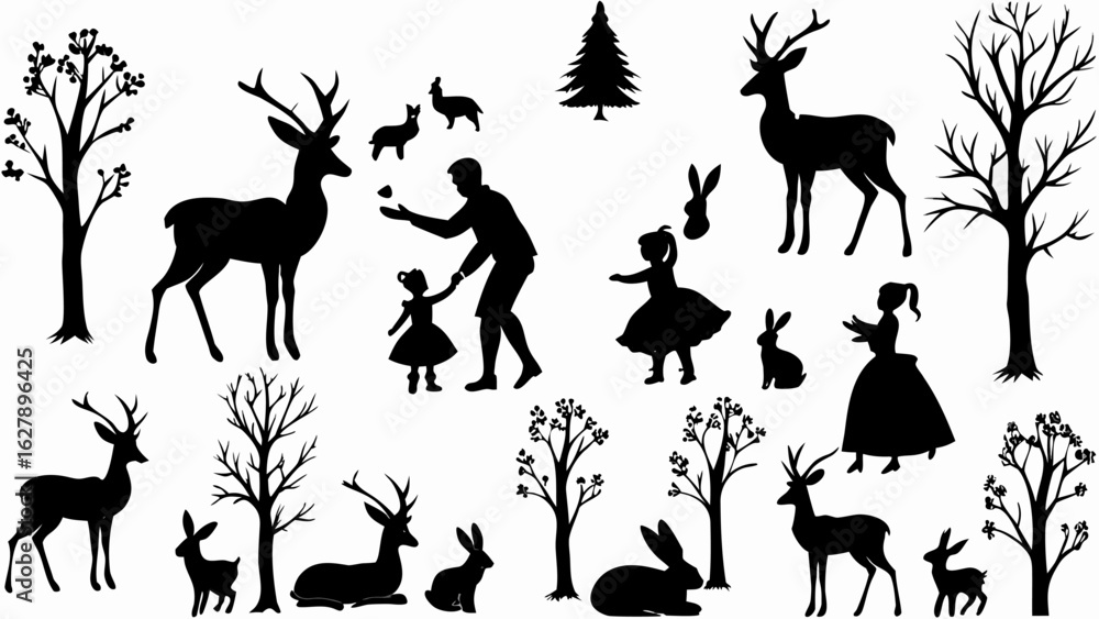 Fototapeta premium Silhouette scene with deer, rabbits, trees, a christmas tree, and people in a whimsical setting