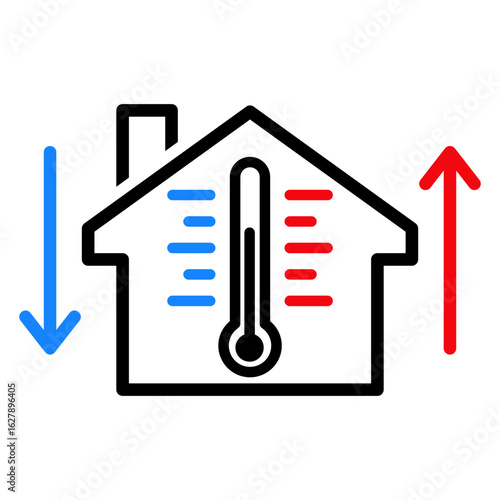 Control de temperatura. Icono casa con termómetro con flechas de subir y bajar con líneas 