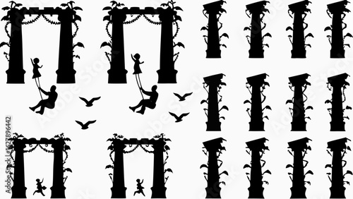Silhouette of people swinging under decorated archways and vine covered pillars with flying birds around