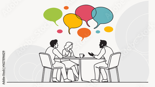 People at a table having a discussion with speech bubbles above them in various colors and sizes shown