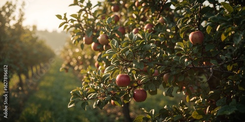 A close up of an apple tree with many red apples growing, orchard stretching into the distance