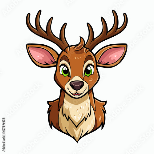 Charming Cartoon Deer Portrait with Warm Brown Fur and Gentle Green Eyes on White Background