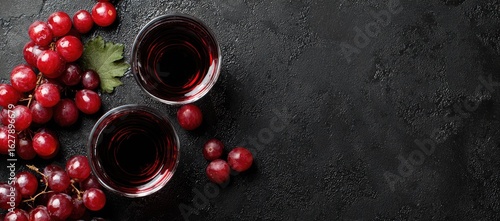 Red grapes and juice in glasses on a dark surface
