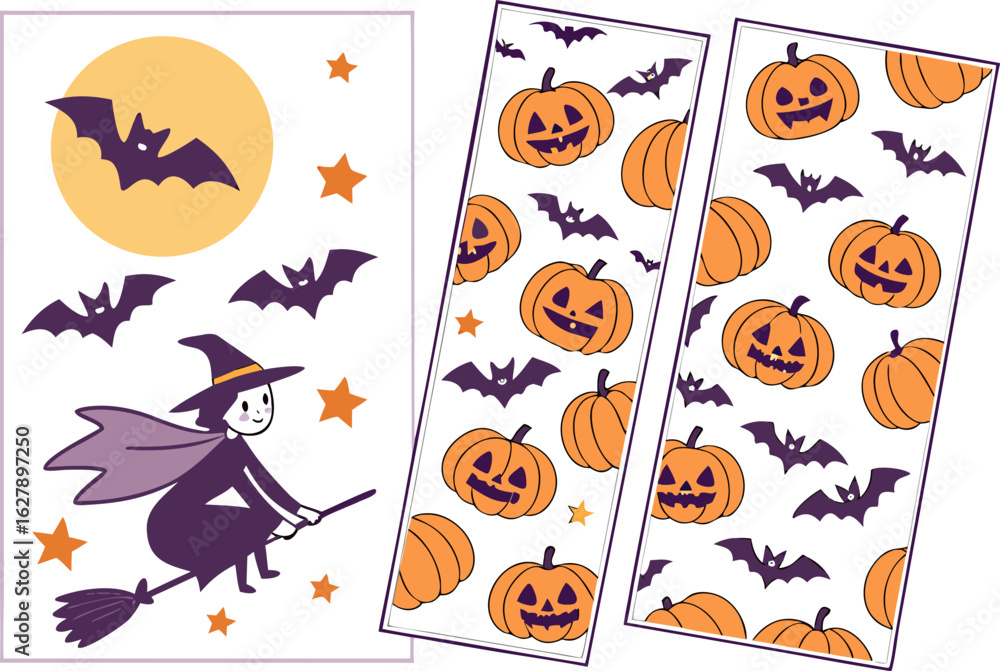 Fototapeta premium Illustration of a witch on a broomstick with bats, pumpkins and stars for halloween celebration