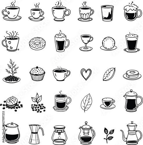 Set of 30 Black and White Coffee Icons – Cups, Beans, Pots, Donuts, Muffins, Plants & Café Essentials