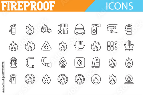 Fire safety icons depicting firefighting tools, emergency gear, and protection from flames.