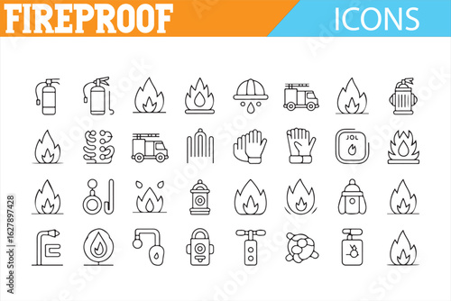 Vector icons representing fireproof elements like fire trucks, water hoses, and emergency gear.