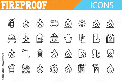 Collection of line art fire safety icons including fire extinguishers, flames, and helmets.