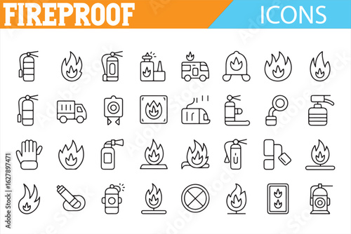 Set of fireproof and fire safety icons, featuring extinguishers, trucks, and protective equipment.