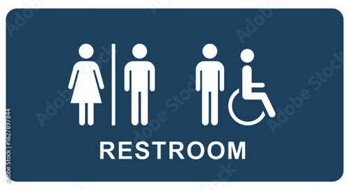 High-quality vector PNG restroom sign featuring icons for male, female, and wheelchair-accessible facilities, ideal for public spaces and business use.