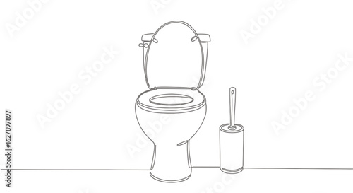 A simple line drawing of a modern toilet with the lid up and a toilet brush in its holder, isolated on a white background.