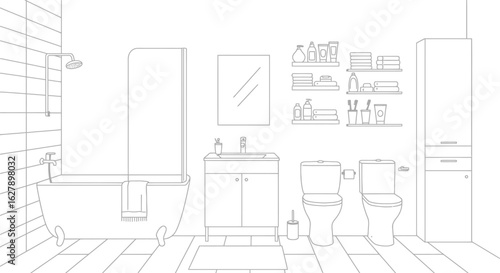 A minimalist vector illustration depicts a modern bathroom interior with a bathtub, sink, toilet, and storage, rendered in a clean, outline style for versatile use.