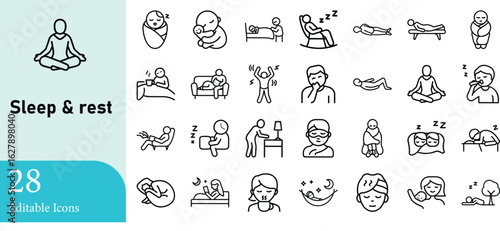 A comprehensive set icon collection illustrating various aspects of sleep and rest activities including yoga positions and relaxation techniques