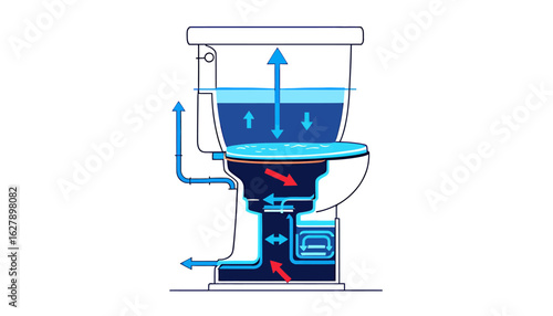 High-quality vector PNG illustration of a toilet's inner workings, showing water flow and internal mechanisms in detail for plumbing guides or educational materials.