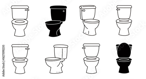 Collection of eight diverse toilet illustrations in black and white vector graphics, showcasing various styles and designs for modern bathroom concepts.