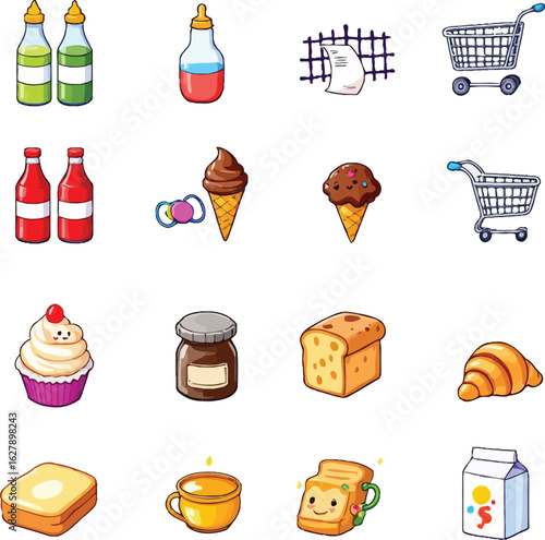 Set of 16 Cartoon Food and Grocery Icons – Bottles, Bread, Candy, Cart, Cupcake, Cheese, Milk & More